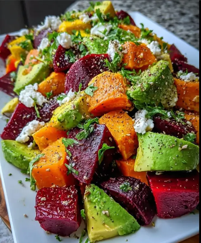 Vibrant Roasted Beet Sweet Potato Avocado Salad