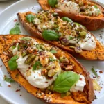 Roasted Sweet Potato Boats with Burrata & Pistachio Crunch