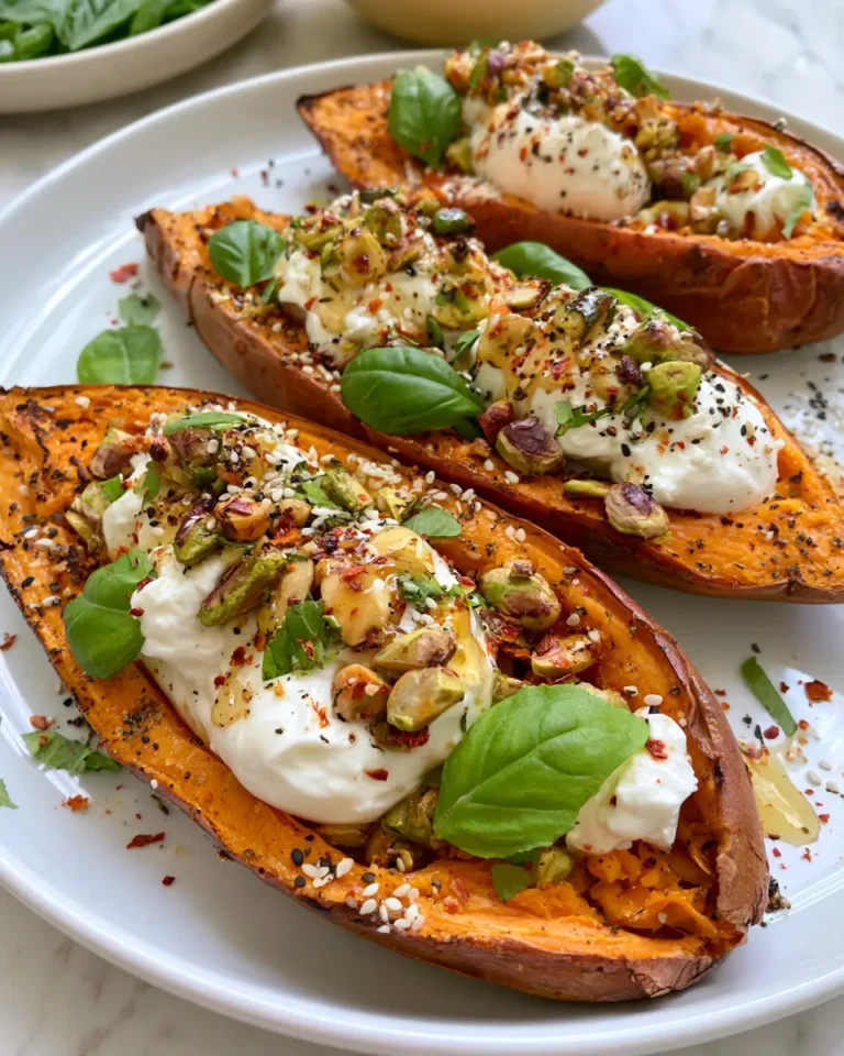 Roasted Sweet Potato Boats with Burrata & Pistachio Crunch