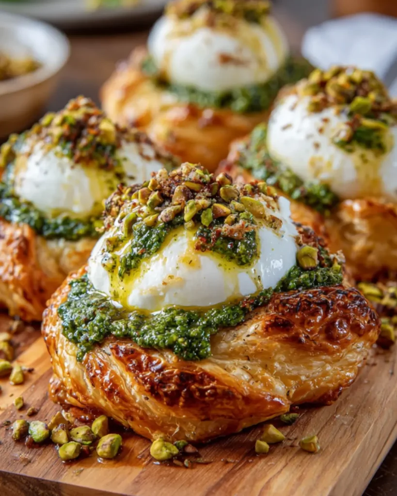 Burrata in Pistachio-Basil Pesto with Puff Pastry Twists