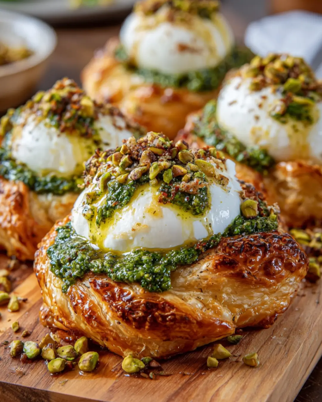 Burrata in Pistachio-Basil Pesto with Puff Pastry Twists