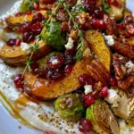 Roasted Acorn Squash & Brussels Sprouts with Whipped Feta, Cranberries, Candied Pecans & Hot Honey