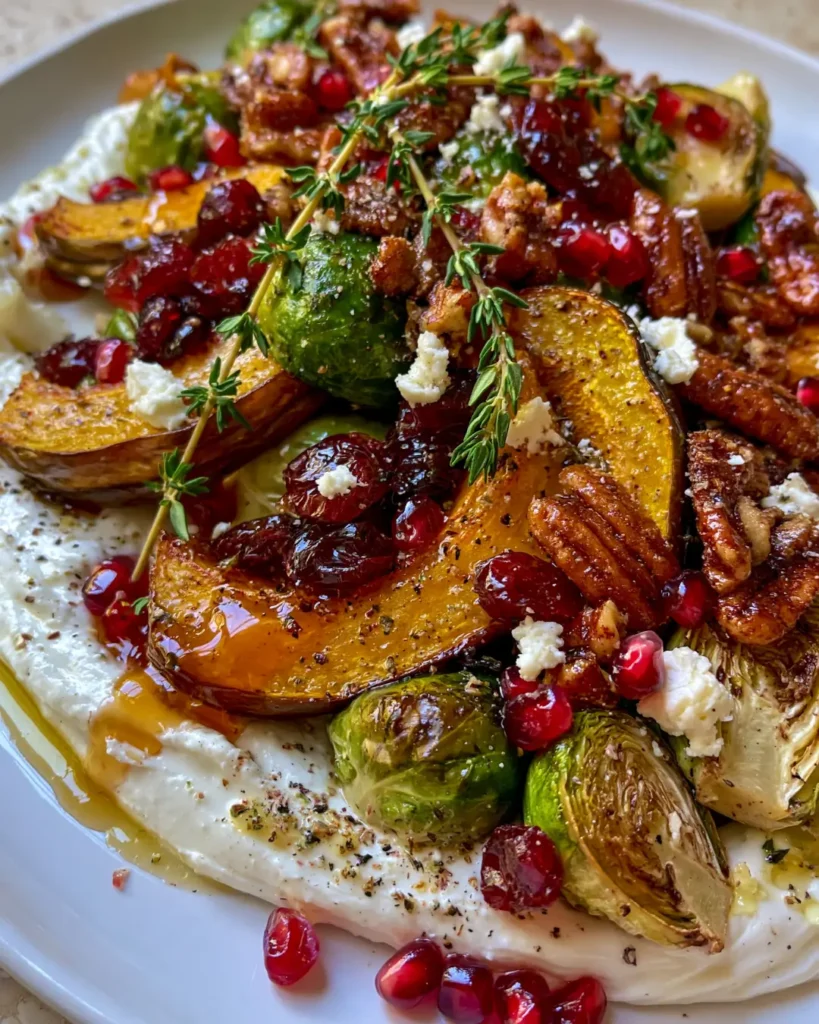 Roasted Acorn Squash & Brussels Sprouts with Whipped Feta, Cranberries, Candied Pecans & Hot Honey