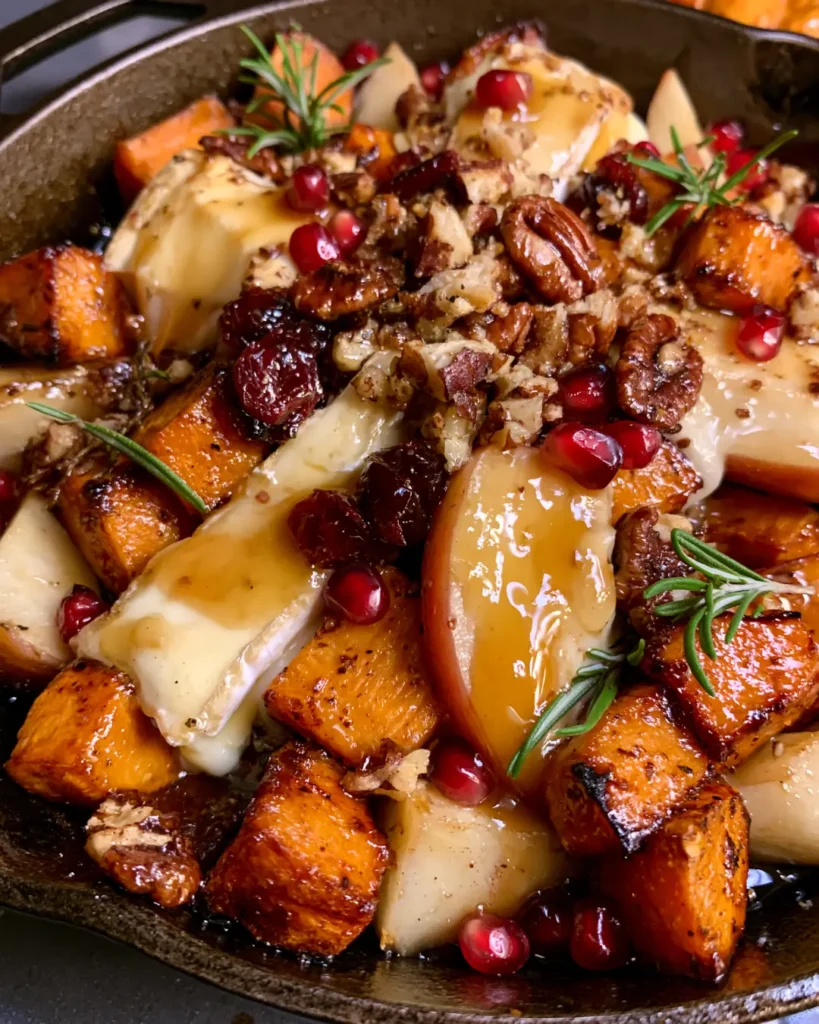 Caramelized Sweet Potato & Apple Skillet with Brie, Cranberries, Pecans & Hot Honey