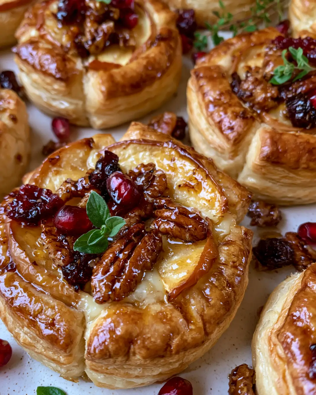 Apple & Cranberry Brie Puff Pastry Bites with Candied Pecans, Pomegranate & Hot Honey