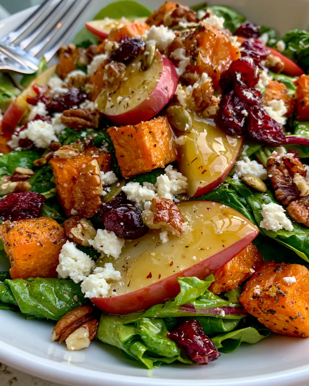 Autumn Harvest Salad with Roasted Sweet Potato, Apple, Cranberries, Feta & Apple Cider Vinaigrette