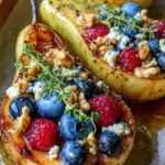 Baked Pears with Berries, Honey, Walnuts & Blue Cheese