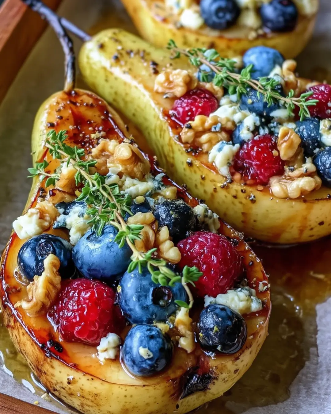 Baked Pears with Berries, Honey, Walnuts & Blue Cheese