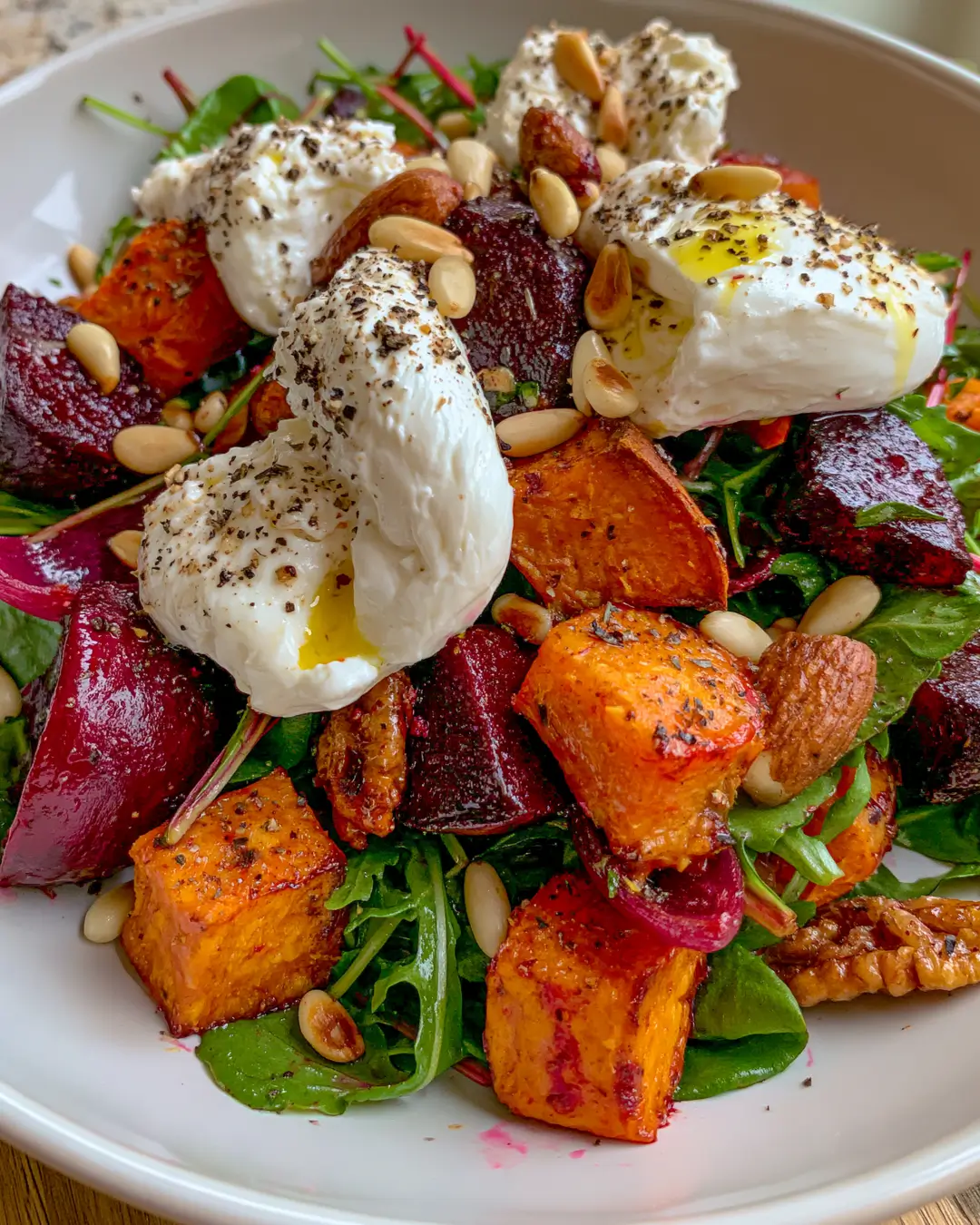 Beetroot & Sweet Potato Salad with Burrata and Pine Nuts
