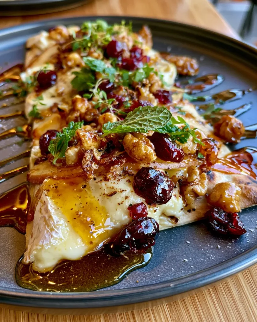 Brie & Apple Flatbread with Cranberries, Candied Walnuts & Hot Honey