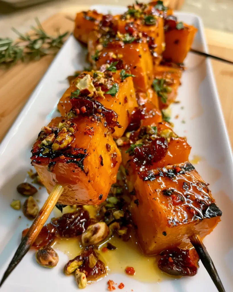 Butternut Squash Skewers with Pistachios, Cranberries & Hot Honey