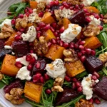 Butternut Squash & Roasted Beet Salad with Goat Cheese, Hot Honey Walnuts, Pomegranate & Arugula