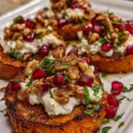 Crispy Sweet Potato Rounds with Whipped Feta, Hot Honey, Walnuts & Pomegranate
