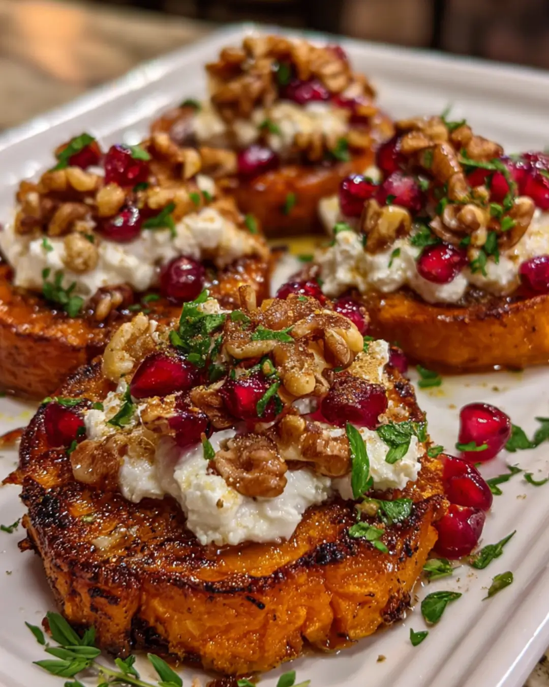 Crispy Sweet Potato Rounds with Whipped Feta, Hot Honey, Walnuts & Pomegranate