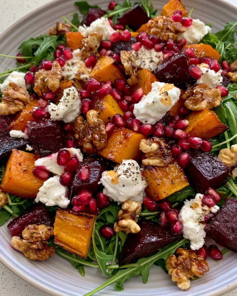 Butternut Squash & Roasted Beet Salad with Goat Cheese, Hot Honey Walnuts, Pomegranate & Arugula