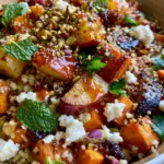 Caramelized Apple & Sweet Potato Couscous with Feta, Pistachios & Cranberry Orange Dressing