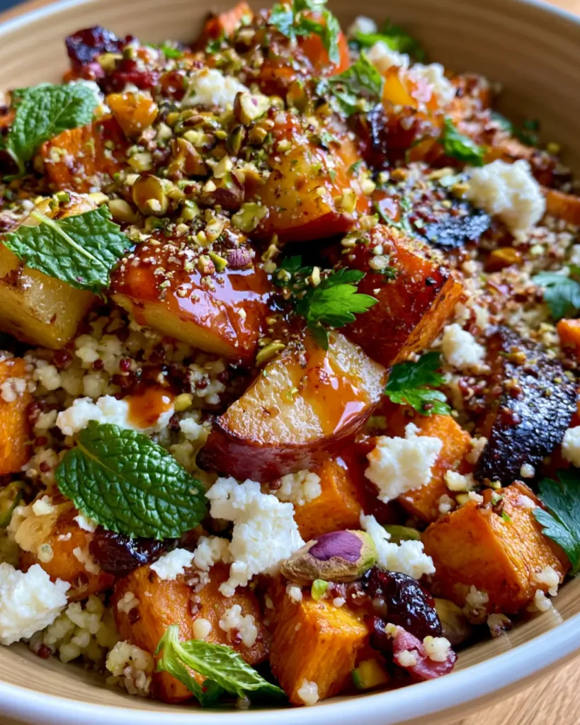 Caramelized Apple & Sweet Potato Couscous with Feta, Pistachios & Cranberry Orange Dressing