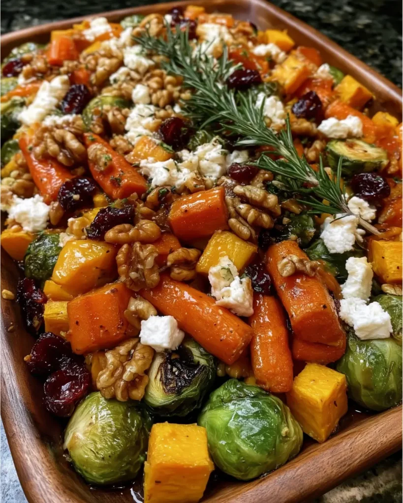Caramelized Butternut Squash, Carrots, Brussels Sprouts & Sweet Potato with Feta, Walnuts & Cranberry-Honey Glaze