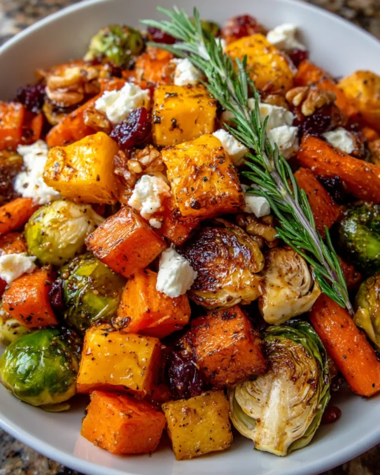 Caramelized Butternut Squash, Carrots, Brussels Sprouts & Sweet Potato with Goat Cheese, Walnuts & Cranberry-Honey Glaze