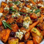 Carrot, Pumpkin & Sweet Potato Bake with Feta, Almonds & Maple Cranberry Drizzle