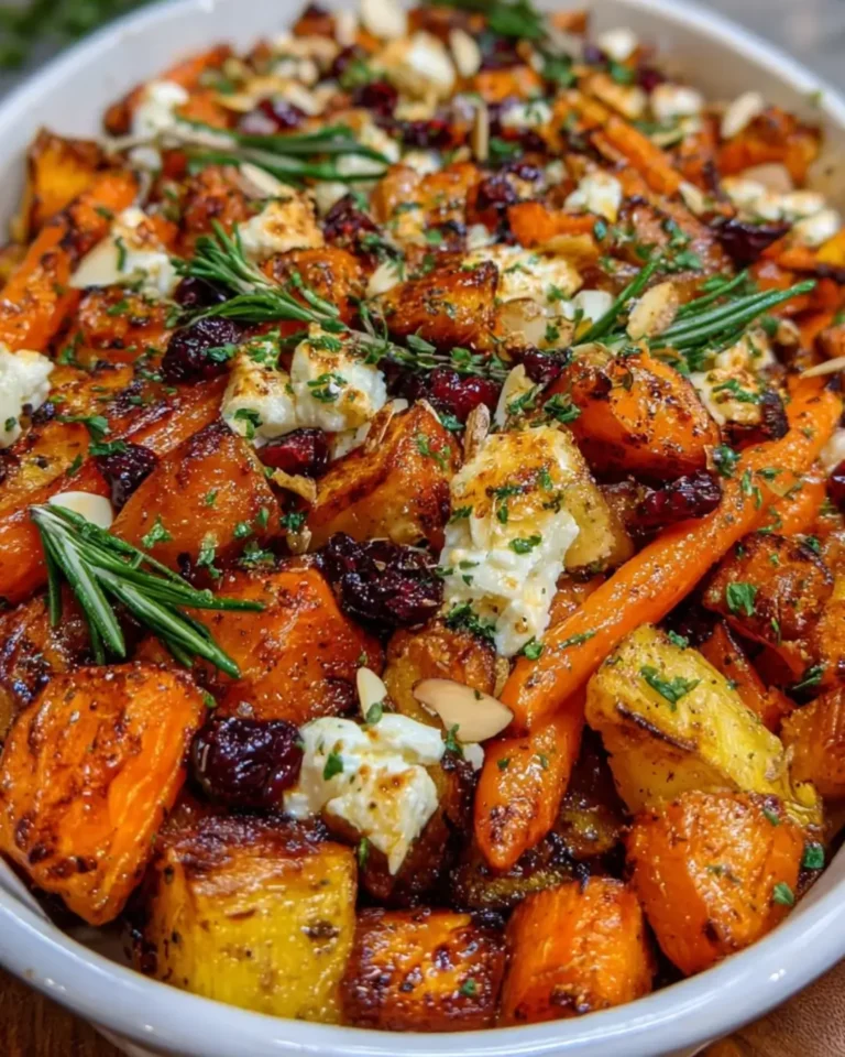 Carrot, Pumpkin & Sweet Potato Bake with Feta, Almonds & Maple Cranberry Drizzle