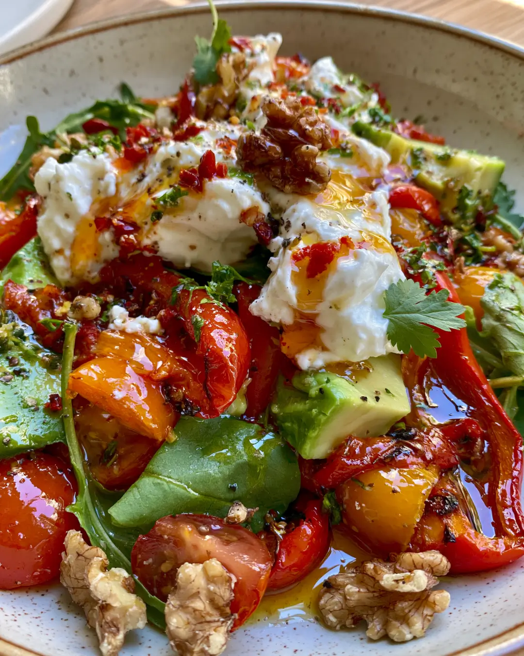 Charred Red Pepper Salad with Whipped Feta, Avocado, Walnuts & Hot Honey