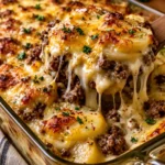 Cheesy Ground Beef & Potato Casserole with Creamy Garlic Sauce