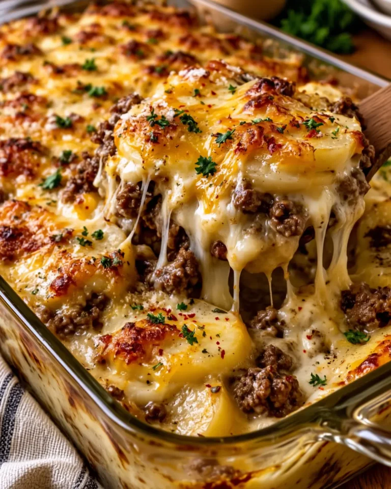 Cheesy Ground Beef & Potato Casserole with Creamy Garlic Sauce
