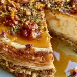Creamy Baklava Cheesecake with Pistachios, Candied Walnuts & Orange Honey Syrup