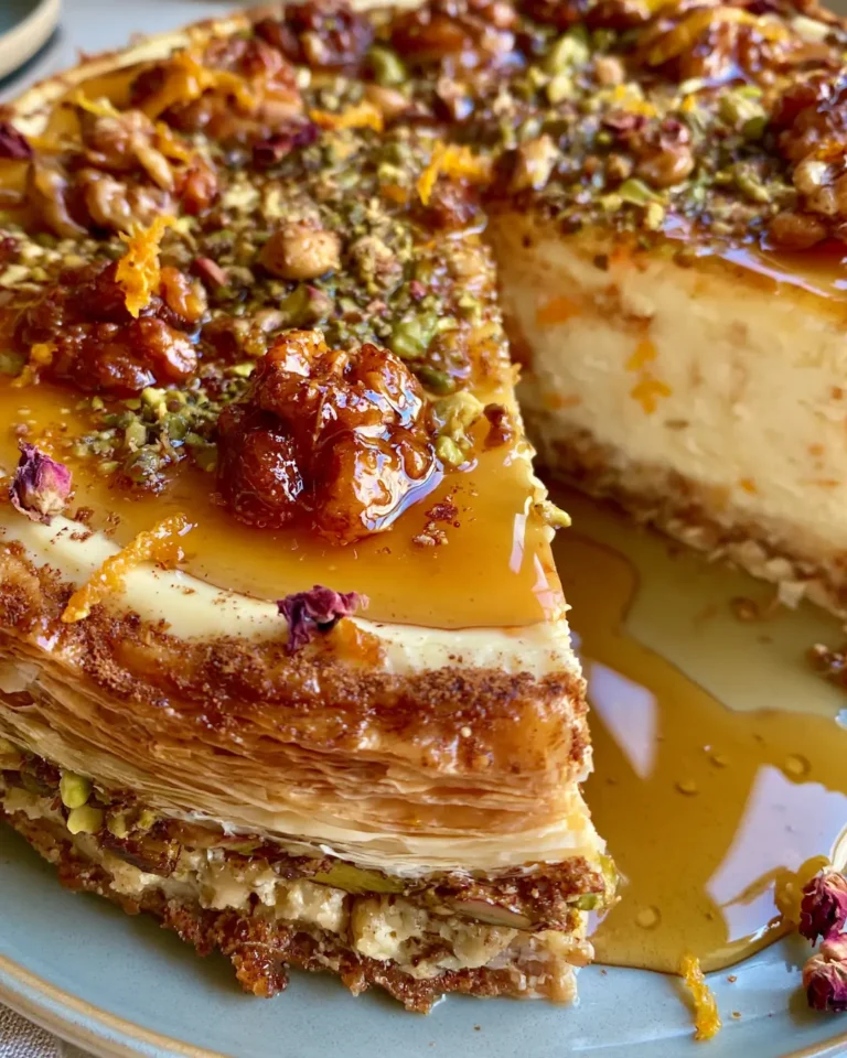 Creamy Baklava Cheesecake with Pistachios, Candied Walnuts & Orange Honey Syrup