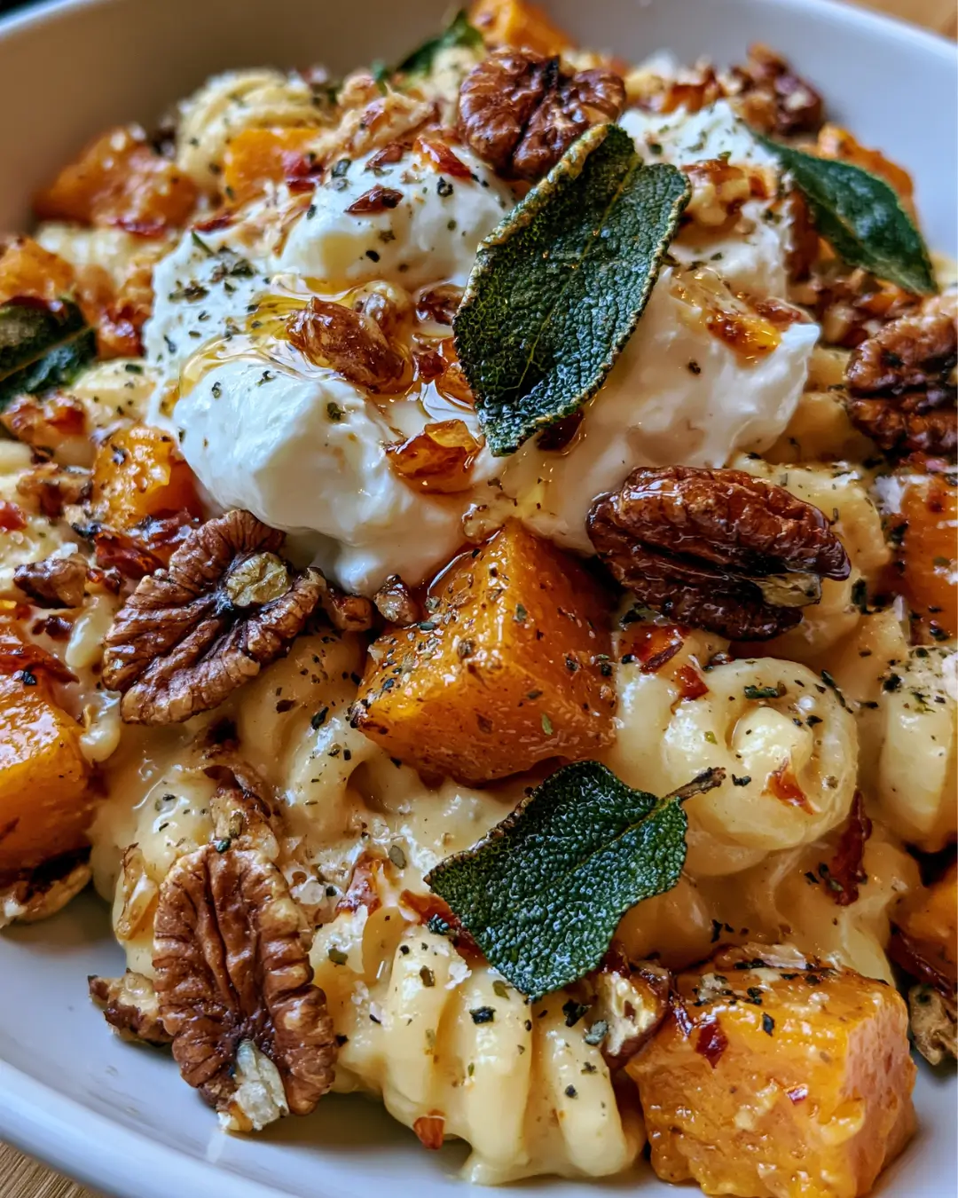 Creamy Butternut Squash Pasta with Crispy Sage, Burrata, Pecans & Hot Honey