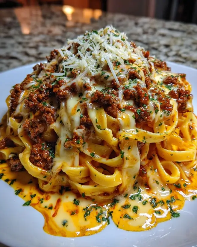 Creamy Cheesy Beef Bolognese Fettuccine