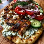 Creamy Greek Chicken Flatbread with Tzatziki, Cucumbers, Tomatoes & Red Onion