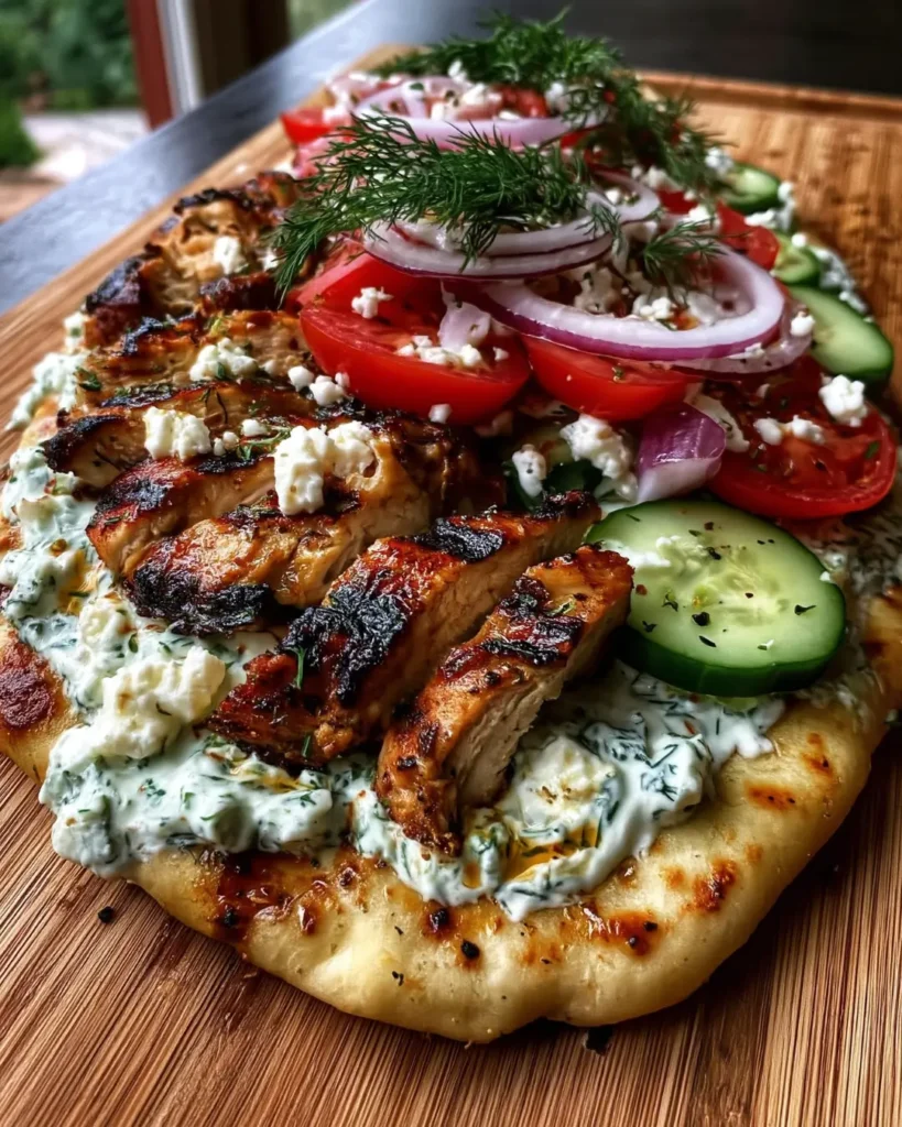 Creamy Greek Chicken Flatbread with Tzatziki, Cucumbers, Tomatoes & Red Onion