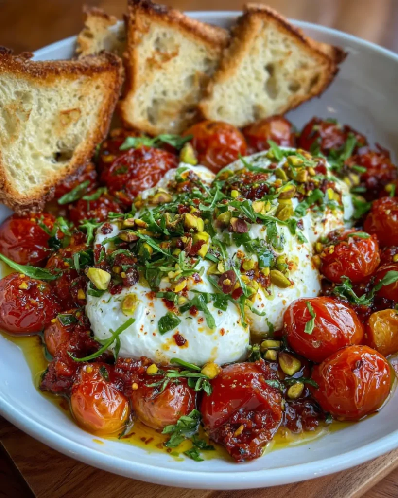 Creamy Magic Burrata with Roasted Tomatoes, Hot Honey & Crispy Pistachios