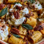 Creamy Pumpkin Baked Rigatoni with Burrata, Crispy Sage, Pecans & Hot Honey
