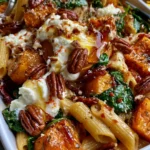 Roasted Butternut Squash Penne Bake with Burrata, Spinach, Pecans & Hot Honey