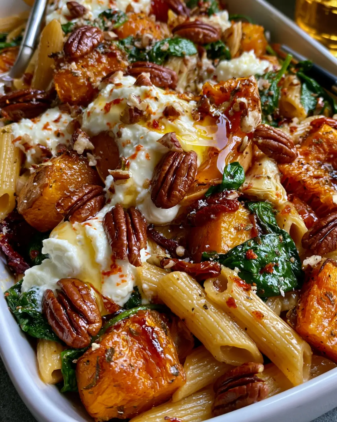 Roasted Butternut Squash Penne Bake with Burrata, Spinach, Pecans & Hot Honey