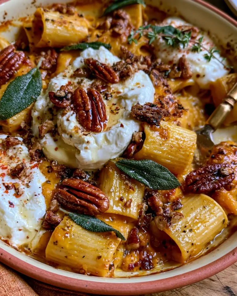 Creamy Pumpkin Baked Rigatoni with Burrata, Crispy Sage, Pecans & Hot Honey