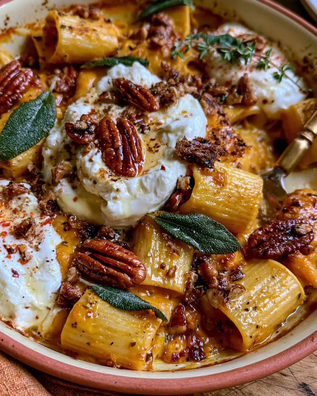 Creamy Pumpkin Baked Rigatoni with Burrata, Crispy Sage, Pecans & Hot Honey
