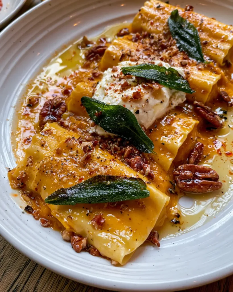Creamy Pumpkin Cannelloni with Burrata, Crispy Sage, Pecans & Hot Honey