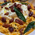 Creamy Pumpkin Orzo with Crispy Sage, Burrata, Cranberries & Candied Pecans