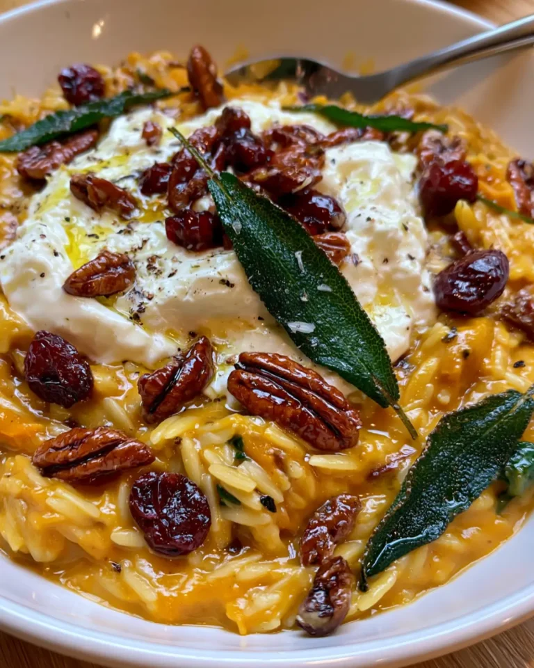 Creamy Pumpkin Orzo with Crispy Sage, Burrata, Cranberries & Candied Pecans