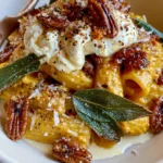 Creamy Pumpkin Pasta with Crispy Sage, Burrata, Candied Pecans & Hot Honey
