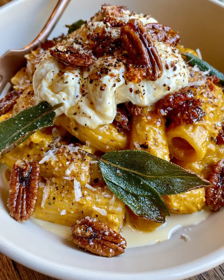 Creamy Pumpkin Pasta with Crispy Sage, Burrata, Candied Pecans & Hot Honey