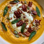 Creamy Pumpkin Soup with Crispy Sage, Burrata, Candied Pecans & Hot Honey