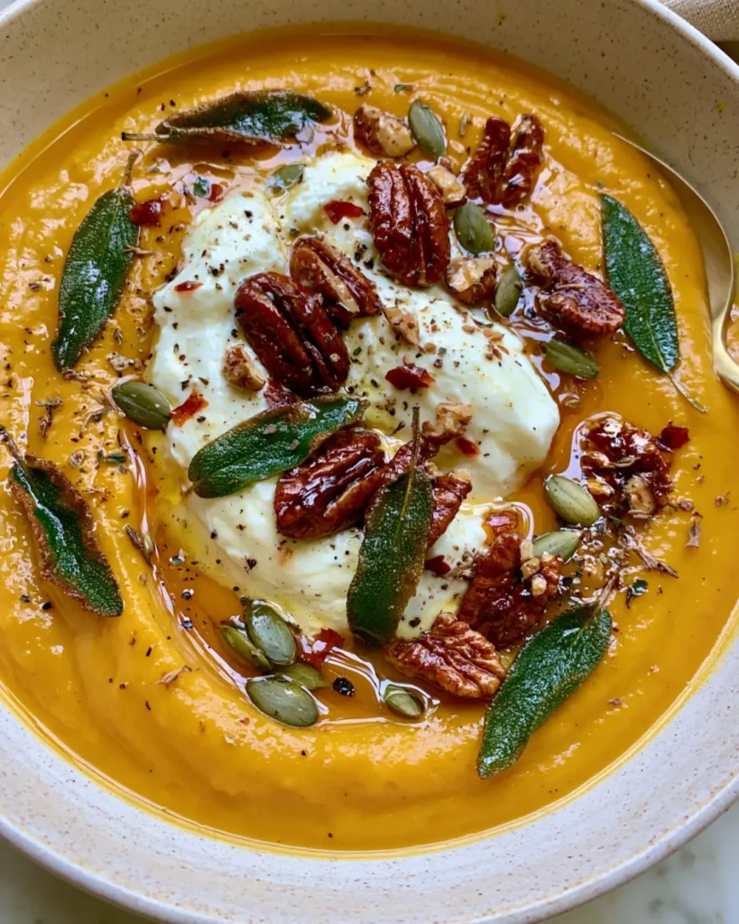 Creamy Pumpkin Soup with Crispy Sage, Burrata, Candied Pecans & Hot Honey