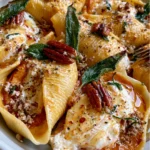 Creamy Pumpkin Stuffed Shells with Burrata, Crispy Sage, Pecans & Hot Honey