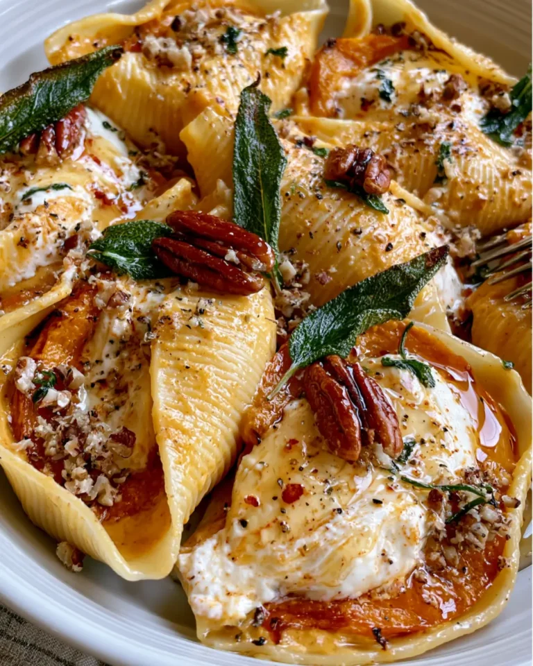Creamy Pumpkin Stuffed Shells with Burrata, Crispy Sage, Pecans & Hot Honey