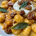 Creamy Pumpkin Stuffed Shells with Burrata, Crispy Sage, Pecans & Hot Honey